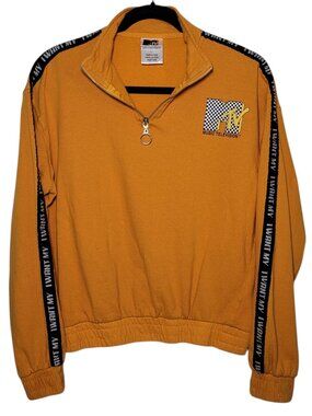 MTV Quarter Zip Sweater Mustard Graphic Sleeve Stripe Large Streetwear Punk 90s